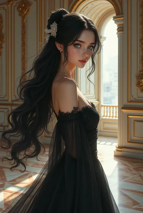 Girl with long black hair and gray eyes wearing a long dress standing in a palace and having an ornament in her hair