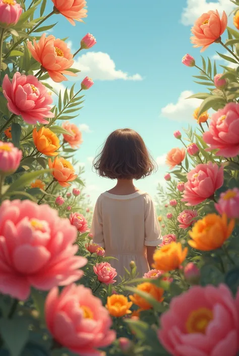 Create an image of a person looking to the side and the person being surrounded by large spring flowers 