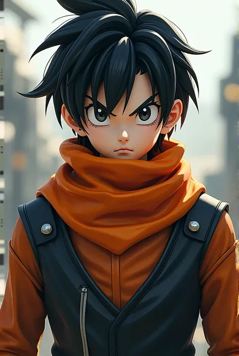 A black-haired young man wearing an orange scarf and is the Android 17 character from Dragon Ball.