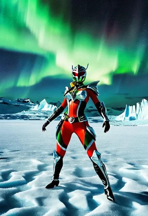 female Kamen Rider , ((Aurora:1.5) Over the Glacier:1.2), covered gigantic breasts, night sky, ultra wide shot, zoom out,