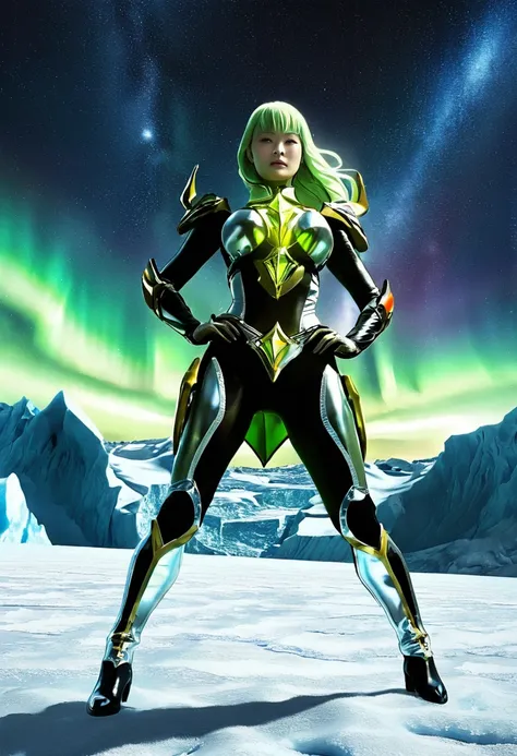 female Kamen Rider , ((Aurora:1.5) Over the Glacier:1.2), covered gigantic breasts, night sky, ultra wide shot, zoom out,