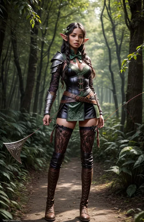 (a high-resolution, realistic) (((Light skinned))) (((30 year old mixed-black woman))), ((half-elf druid in the style of Dungeons and Dragons)), ((holding a bow))). ((The girl is dressed in armor made entirely of leaves)).

Additional details: The girl has...