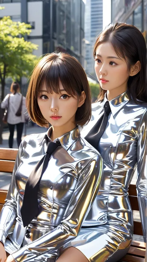 Japanese mother and daughter in extremely tight shiny silver latex blouse buttoned, Necktie,Lens reflection, Reflected light, Are in town sitting on the bench, 