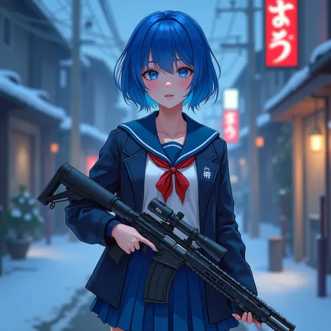  anime-like woman 。 blue hair 。 blue eyes。 short hair。JK clothes 。 glamorous and sexy 。The feeling of looking down on people from the front。The background is a winter evening 。 holding a rifle 。 I want ODA written on the rifle。