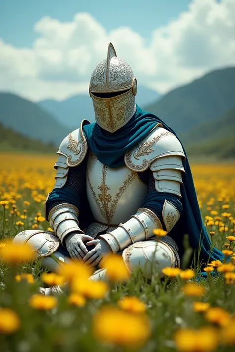  A medieval knight seated on a flowery field ,  surrounded by lush yellow and green flowers ,  wearing detailed ornamented metal armor and a decorated helmet ,  with intricate and symmetrical designs .  The knight is dressed in white and his visor is dress...