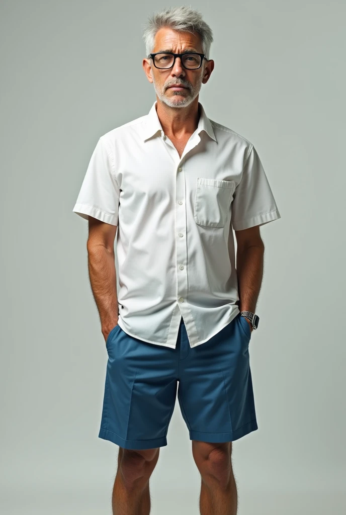 A 56-year-old man with spots in his hair, with glasses ,  wearing a white shirt and blue shorts and a queen volleyball sneaker on his foot 