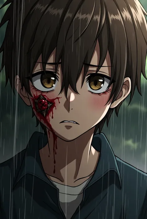 Depressed Brown haired  boy with damage and injuries and  bullet hole in face anime profile picture  front of face with rain and blood