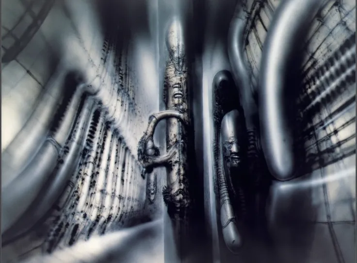 Can you please draw a pencil sketch on antique plot that depicts curse of Solomea in unmaskable Gigers style.The artwork depicts a labyrinthine network of interconnected tubes and pipes, creating a sense of claustrophobia and decay. The intricate details a...