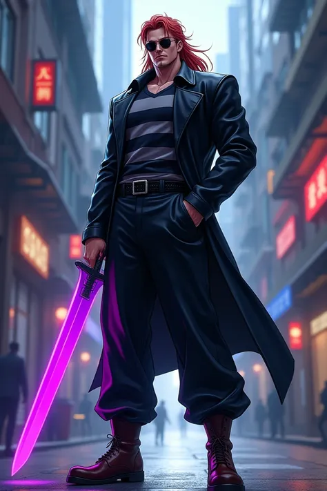  A tall guy , imposing,  long red hair a little messy , Sunglasses,  a black and gray striped shirt , wide black pants ,  elegant black leather jacket that reaches your knees ,  brown boots that reach your calves and a purple sword
Anime type