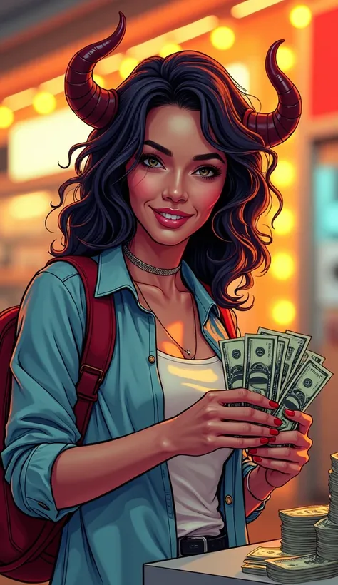 DISCREET image. with discreet casual clothes. image adult woman, american, comic book style. with a discreet smile. collecting money. IMAGES WITH VIBRANT COLORS. TAURUS HORN, FOCUS ON FACE. 