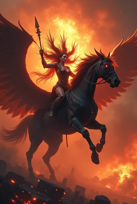 A warrior goddess, with three heads, six arms, each holding a different weapons, blazing hair and eyes, clad in armor, riding a black winged horse with a fierce expression and a snarling mouth, with puffs of smoke and fire emanating from it, in a red sky, ...