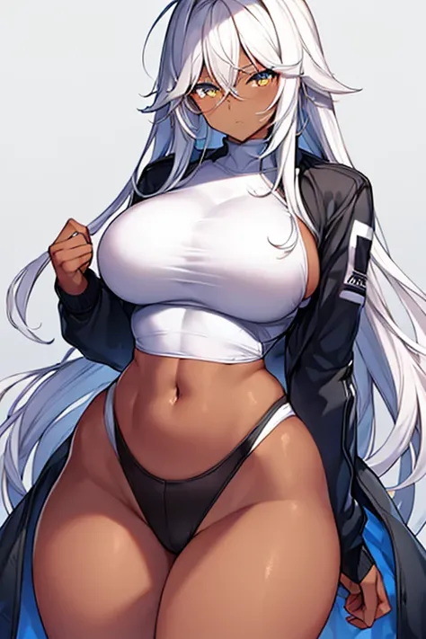 1girl, dark skin, black skin, dark-skinned female, white hair, long hair, large breasts, wide hips, thick thighs, sportswear, shy, sports bra, hourglass figure, mature female, skin tight, tight clothes, jacket, cropped jacket