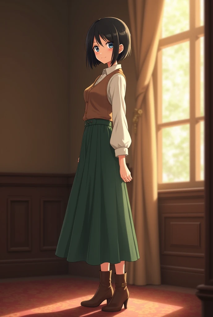 A slender young woman with short, jet-black hair styled neatly and large, expressive light blue eyes. She has delicate features and an innocent, gentle expression. Her outfit consists of a long moss-green skirt that flows gracefully to her ankles, brown lo...