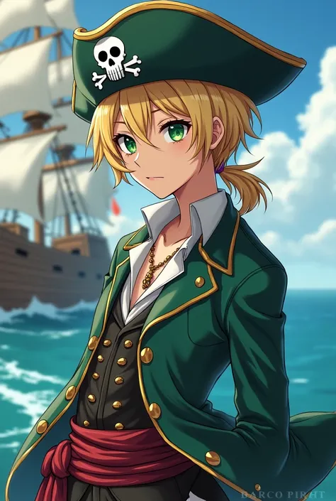  male anime character,  medium-long blonde hair , 21 years old, pirate, barco pirate, heterochronina ,  light green right eye ,  dark green left eye .