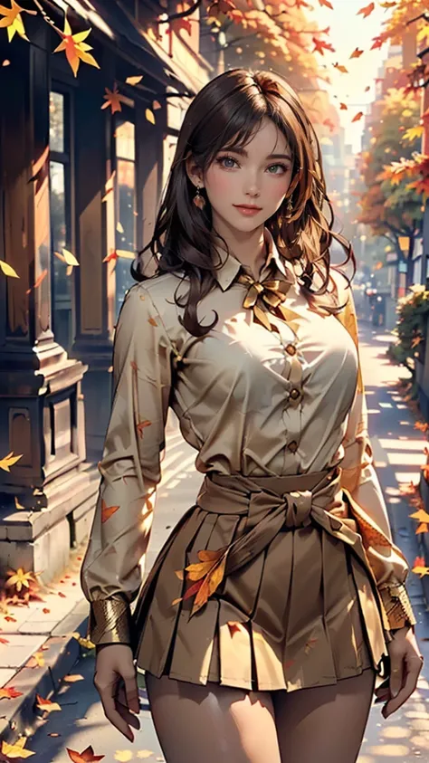 woman, kind。((shy smile:1.5)),  elegant , ( best quality), (masterpiece), ( Very detailed), (4K)((white long sleeve button up blouse_brown pleated mini skirt;1.5))((Super long brown hair reaching to her waist:1.4)), ((autumn, Golden Leaf, A road where fall...