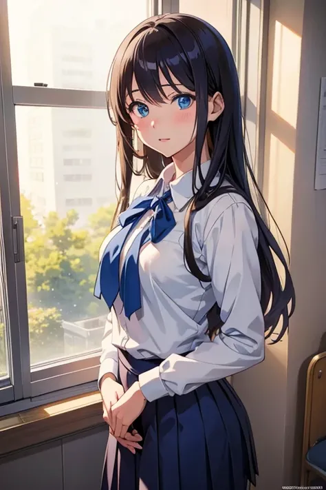  anime girl in school uniform posing by window with blue eyes, hyper Realistic High School Girls , a hyper Realistic High School Girls ,  Realistic High School Girls , attractive  anime girl ,  Beautiful Anime High School Girls,  anime girl in real life, s...