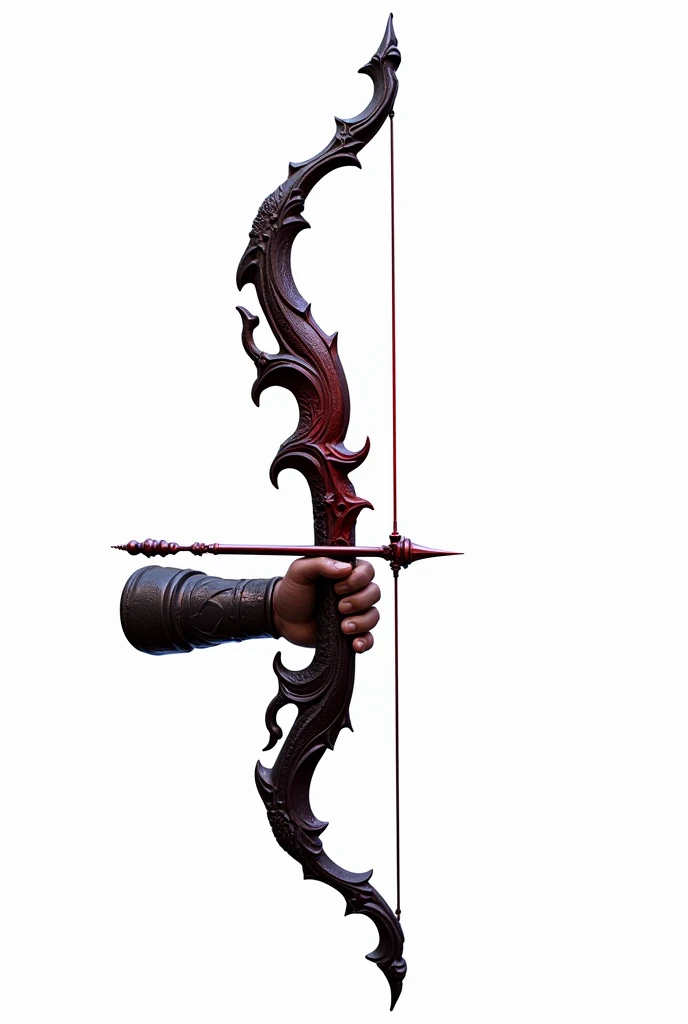 Draw a magic bow  (Just the Bow and Arrow , arm) uma arm romana,  Made of dark wood ,  shades of red and profane ,  This bow is known as a Blood Arc. 8k,  realistic photo . epic.  white background, png style.