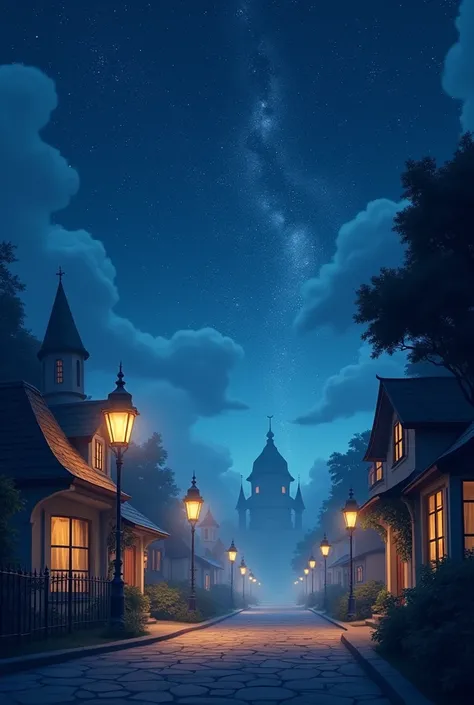 Genarate a animatic and fantansy image of a street with night stars in the sky