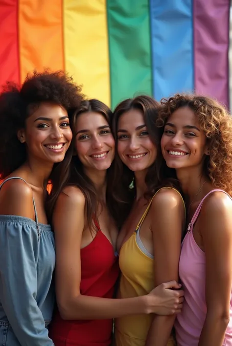 Portrait of lesbian women and transgender men with rainbow flag behind 