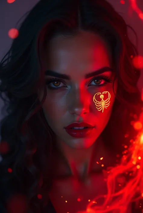 Close-up of a Scorpio woman with a fierce look, bold red lipstick, and the Scorpio symbol glowing in 3D on her cheek, with a dark, fiery aura enveloping her face in shades of deep red and purple.