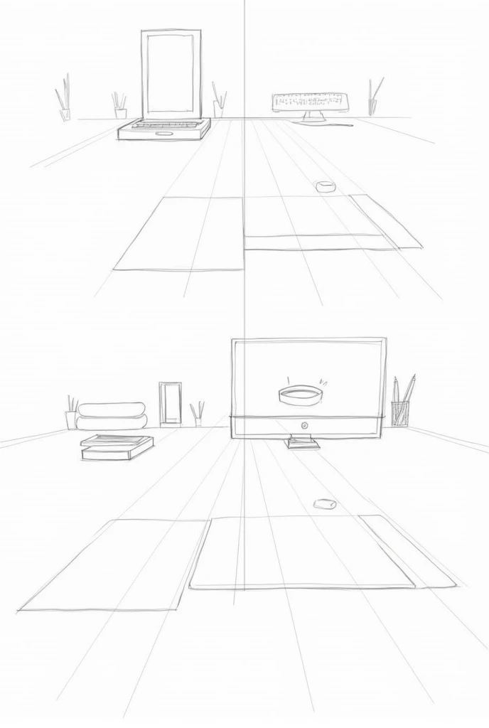 Make five drawings of desktop objects applying the perspective of two vanishing points that are clear along with the vanishing point lines 