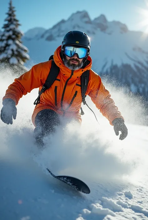  The most cinematic snowboarder scene ,  made in a realistic style with elements of slow motion .  close-up :  face and upper body of the athlete ,  dressed in a bright orange jacket .  His mirrored mask reflects the dazzling morning sun .  You can see the...