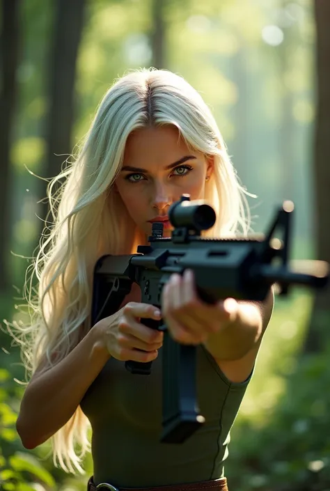 A beautiful girl with white hair and a beautiful figure shoots an assault rifle in the forest 