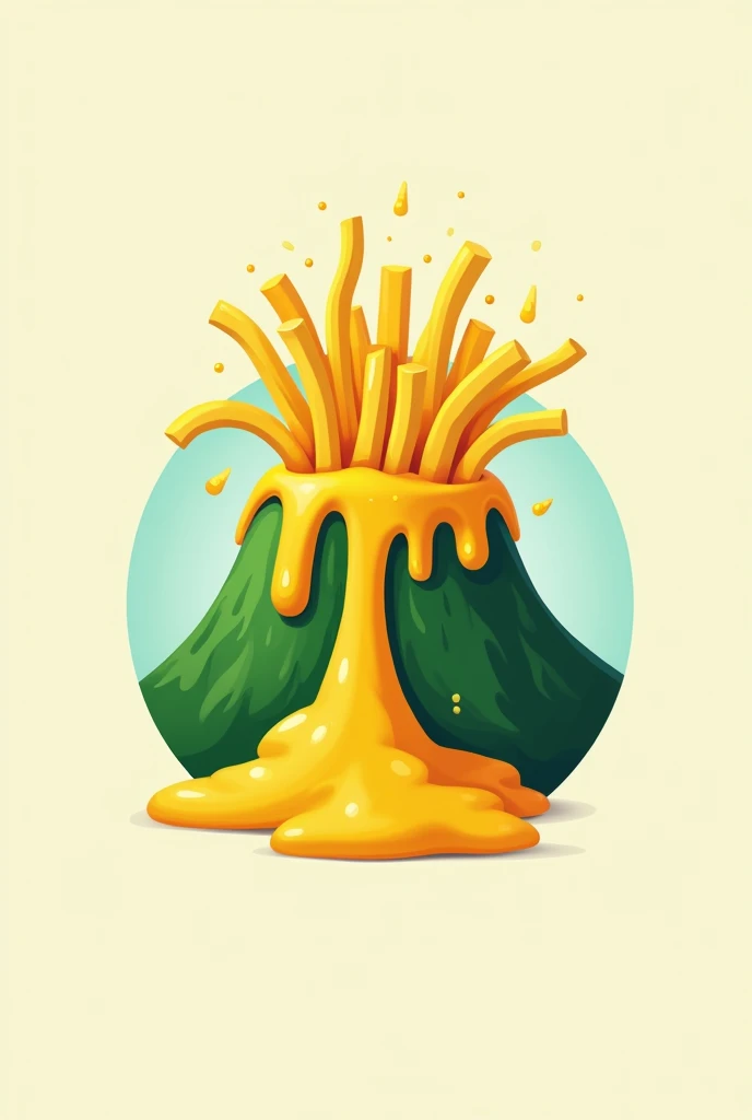 Green mountain volcano that ejects french fries for a round logo,  with melted cheese, No background only the logo
