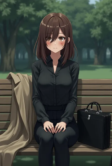  anime style.  girl , 19 years old, 165 cm tall .  Brown hair . She looks away with a stony face . Half of her face is badly burned after acid . Sits on a bench in the park in a tight suit:  black pants and a black blouse .  Next to her on a bench lies a l...