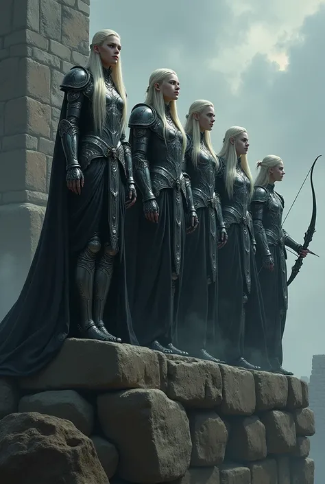 Create a concept art style image for me. Imagine a group of evil dark elves, long pale blonde hair. clad in elegant silver armor. They are positioned on a wall of magalitic stones, armed with bows and arrows, shooting their enemies outside the frame.
