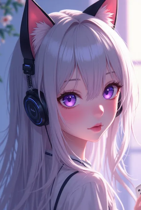  1 girl , Long Hair, chest,  purple eyes, Cat ears, Earphones, 