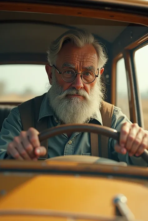 A very old man with animated lenses driving a classic car that shows the old man inside the car and the car outside in beige
