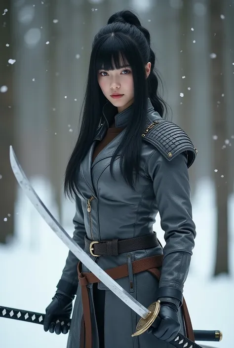 Young woman with straight black hair in braid without bangs, with Japanese traits, De pele clara, in gray leather fighting gear with two swords in snowy forest