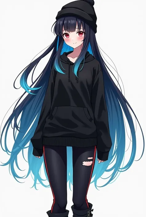  Do anime-style a young woman of 1 .79 meters, He is 19 years old,  has long black hair with electric blue tips that reach her neck, He has marks on his cheeks ,  her eyes are red like a ruby ,  she has a big smile , She is voluptuous , pale skin,  she wea...