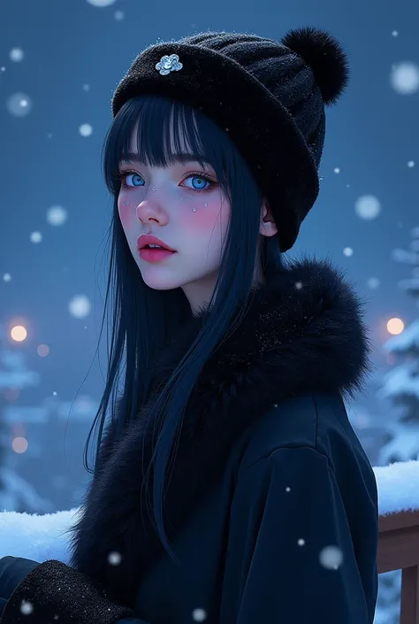 realistic drawing, an extremely beautiful young woman, straight black hair, blue eyes, Small and thin nose, Fuchsia lips with glitter, Feminine and soft features, dressed in a black fluff coat and long black gloves, and a black fluff cap, angelic and brigh...