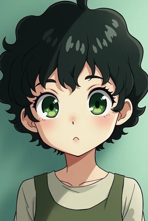     with white skin and dark green eyes, short curly hair cartoon style 