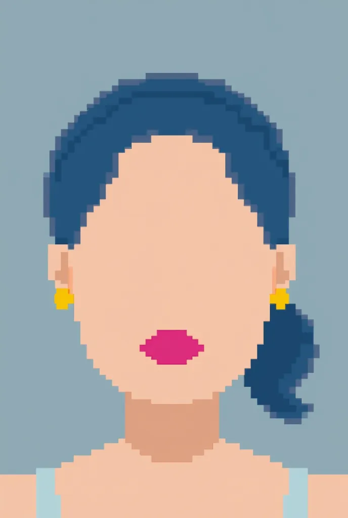 This image depicts a minimalist, pixel-art-style avatar featuring a person with a beige face, neutral expression, blue hair tied to the side, and a single yellow earring. The lips are bright pink, and the background is a muted blue-gray. The overall aesthetic is retro and simplistic, focusing on blocky, vibrant colors typical of digital pixel art.