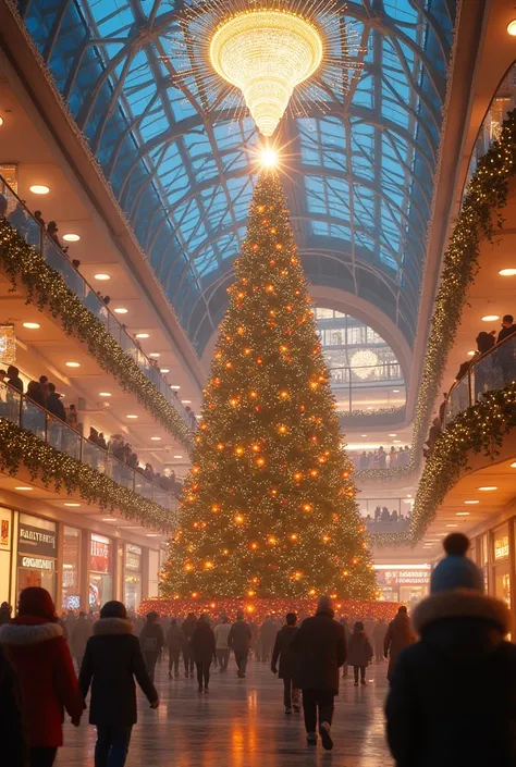  Create an image from a higher perspective showing the Christmas decorations at the mall,  with a large crystal chandelier and a giant Christmas tree in the center , surrounded by people walking .