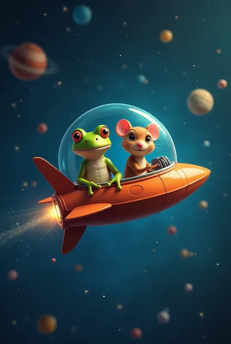 A male frog ,  and a female mouse sit side by side in a small spaceship,  you can see the spaceship from outside .  You can see the spaceship flying through space. The universe has stars , planets, Shooting stars, Solar System 