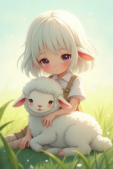  Q version white girl and lamb ，White anime style 