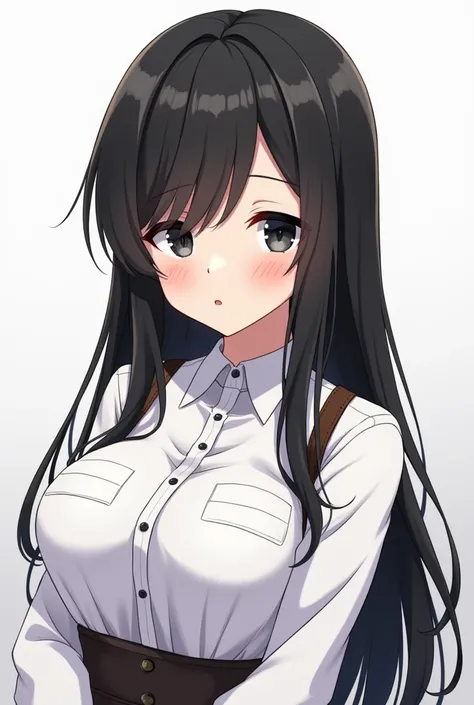  anime girl image (Mistic messenger game otome ) white, black,  with long hair without bangs ,  black eyes and rosy cheeks 