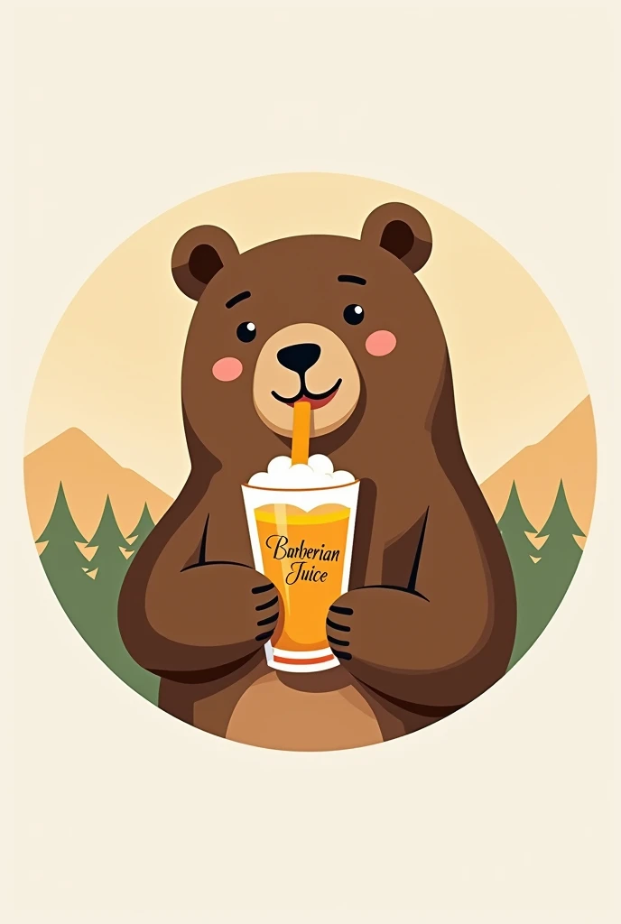 A round logo with a bear sipping juice 
The glass should have the words Barberian juice on them