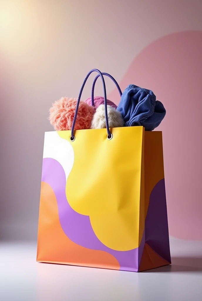 A single vibrant shopping bag with a sleek handle, filled with a few items like clothes or small accessories. The bag should have a dynamic, modern design and feature the colors yellow, purple, and white. The bag should be prominently displayed against a s...