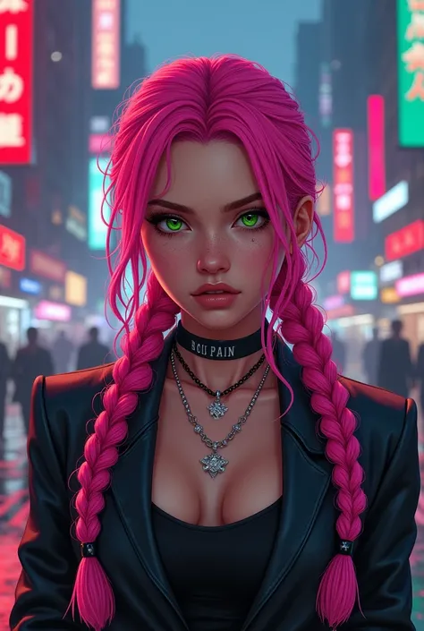 Girl with hair with pink braids and green eyes owns a GTA V-style mafia