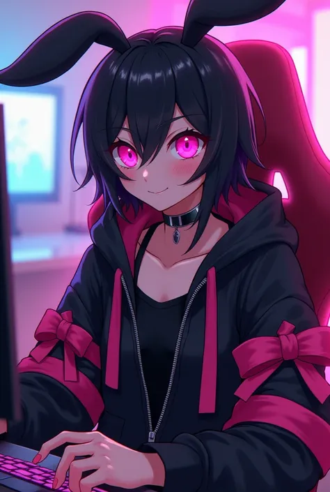 Japanese anime · male · 21 years old · height 165 cm · dark hair · slender body · dark roots · long bangs · fearless smile · shocking pink ribbon decoration on the black hoodie · shocking pink ribbons are wrapped around the hoodies arms · large shocking pi...