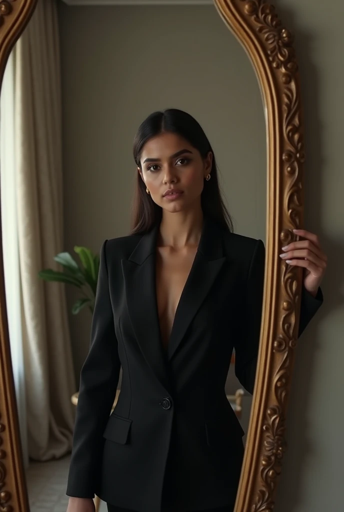 creat a realastic image of beautiful pakistani girl wearing black suit infront of mirror talking selfie