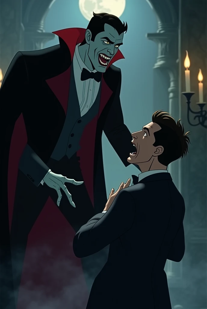 Create a wide shaped animated picture where a dracula wants to bite a man