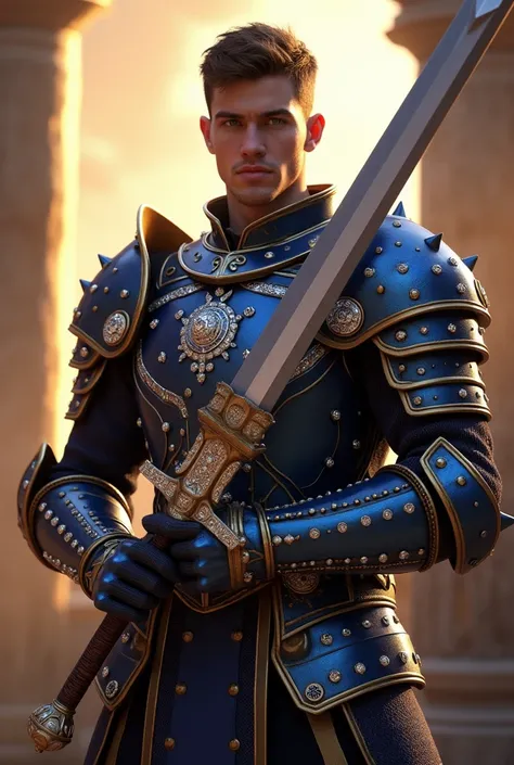 A short quiff Black haired male with a proud look in his eyes with a great sword, concept art by Yang J, Artstation contest winner, fantasy art, hyperdetailed fantasy character, 3 d render character art 8 k, epic exquisite character art, strong fantasy kni...