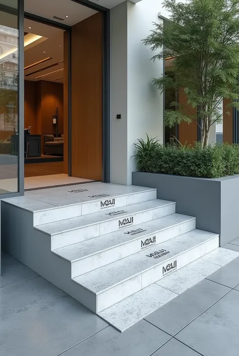 Create an image of a disability friendly ramp to replace a 2meter wide one step of a staircase.The ramp is branded with the logo for Mali Therapy Center