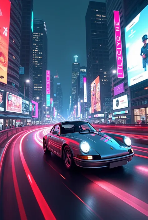  Make a silver Porsche car crossing a cyberpunk road at high speed.  Filled with neon lights , outdoor advertisements . hologram.  Make the comic book style image .